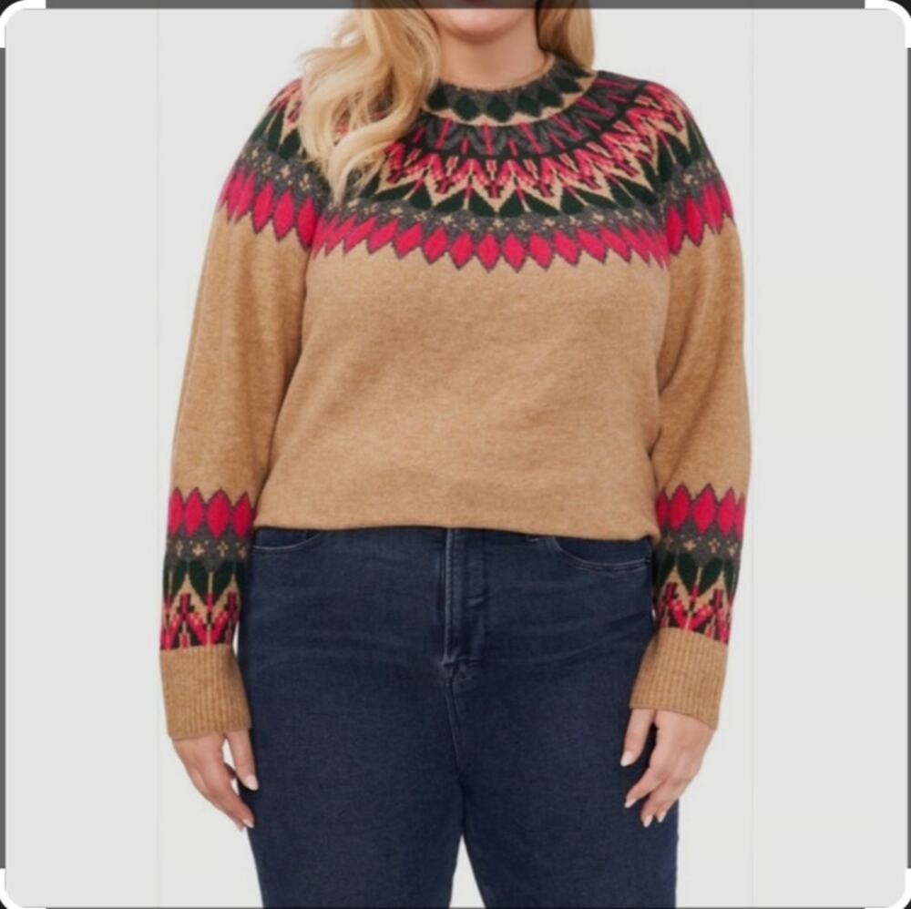 CeCe 3X NWT Fair Isle Nordic Sweater Camel Pink Green Plus Size Holiday Knit